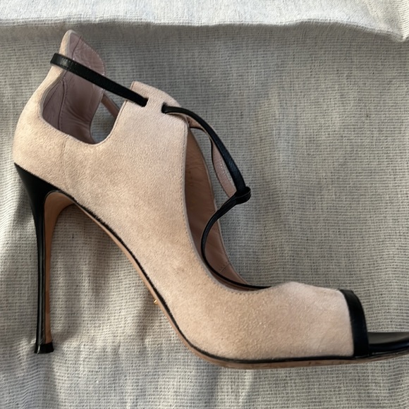 SERGIO ROSSI Natural Suede Black Leather T-strap Pumps Shoes Size 39.5 - Picture 2 of 10